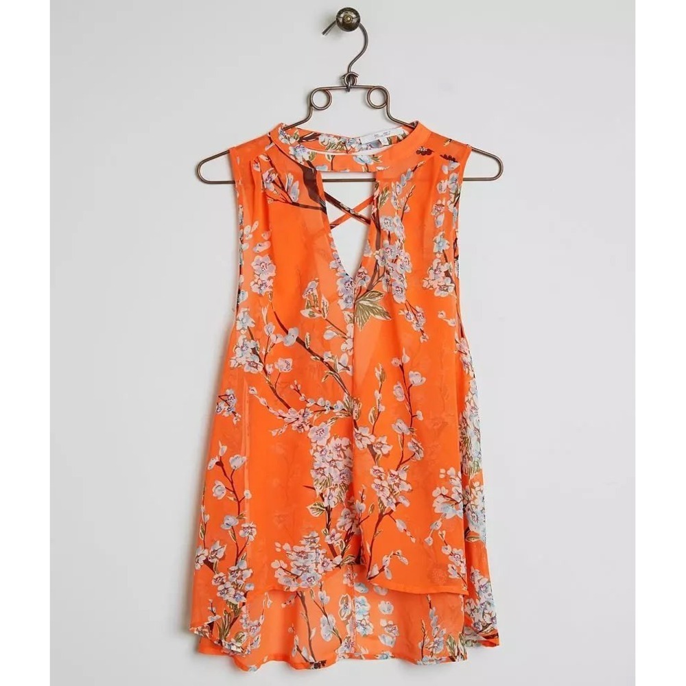 Miss Me Orange Floral Choker Neck Open Back Crisscross Blouse MDT1017T L - Picture 3 of 14